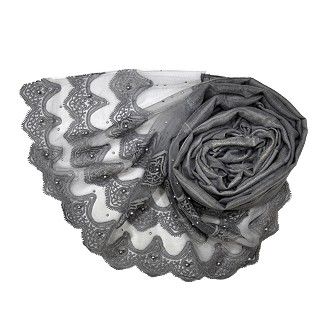 Designer Three Liner Mountain Design Hijab With Pearl - Grey